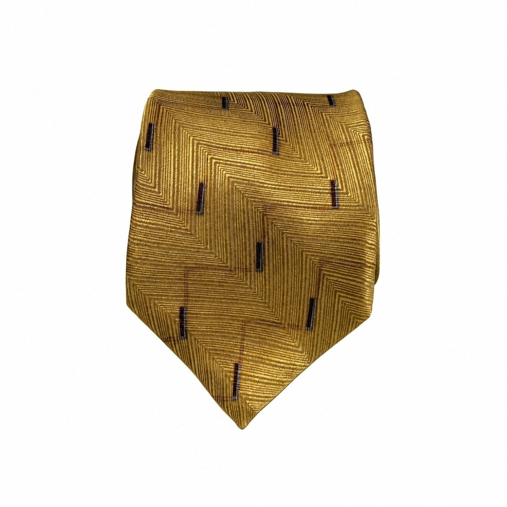 Neo Bill Blass Gold Chevron Silk Necktie Geometric Jacquard Men Formal Accessory